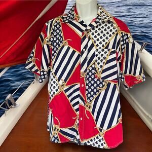 Vtg. Austin Kane Button Up Nautical Retro Red White And Blue Shirt Size L